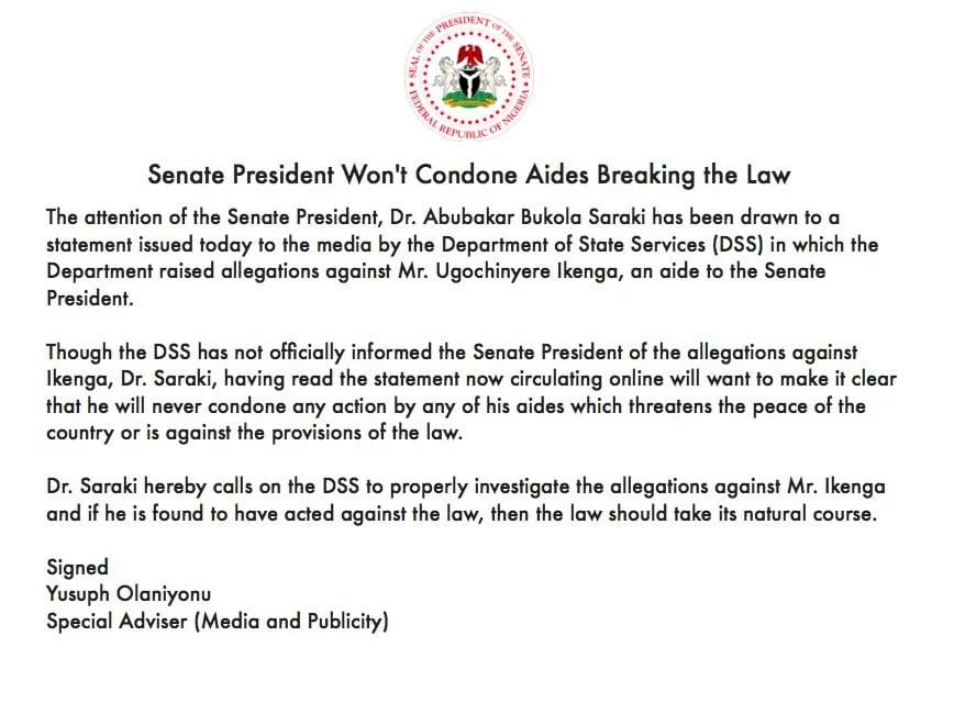 Saraki replies DSS over allegations that his aide is plotting against federal government